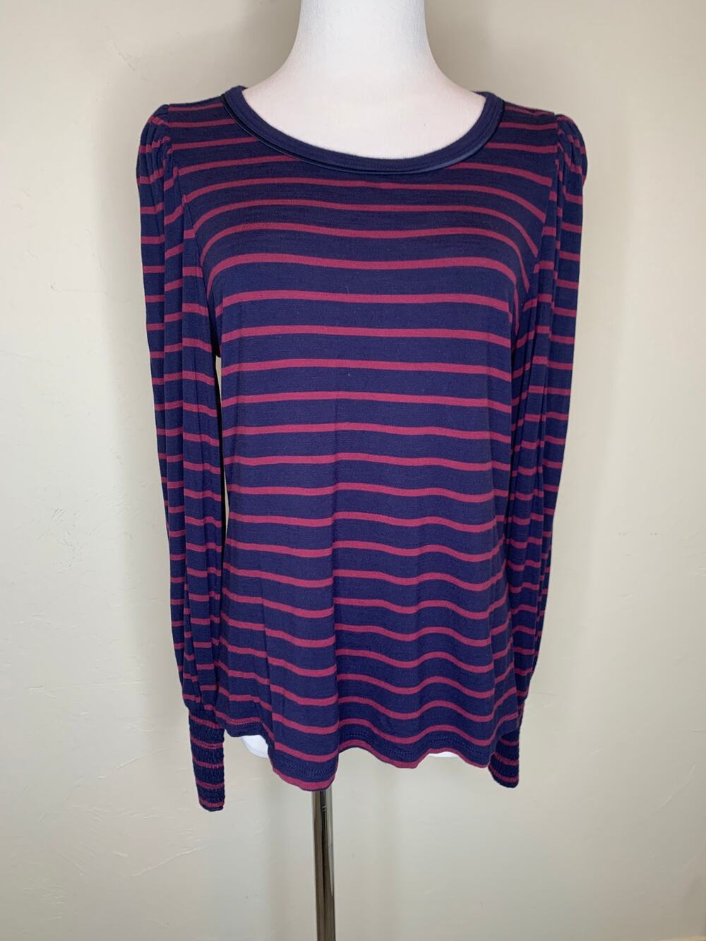 WHBM Blue Pink Puff Sleeve T Shirt Sz Small Preppy Nautical Coastal